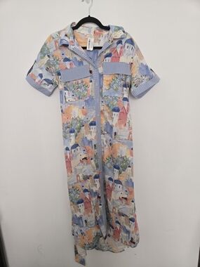 JODIFL Multi-Color Watercolor Print Maxi Dress with Striped Trim